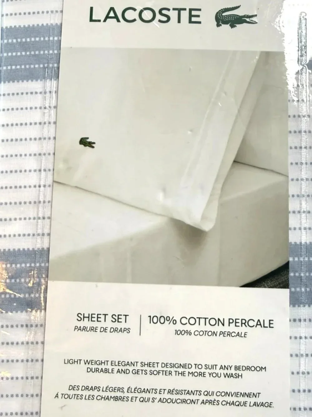 Lacoste 100% Cotton Percale Twin Sheet Set Striped Blue White 3-Piece NWT